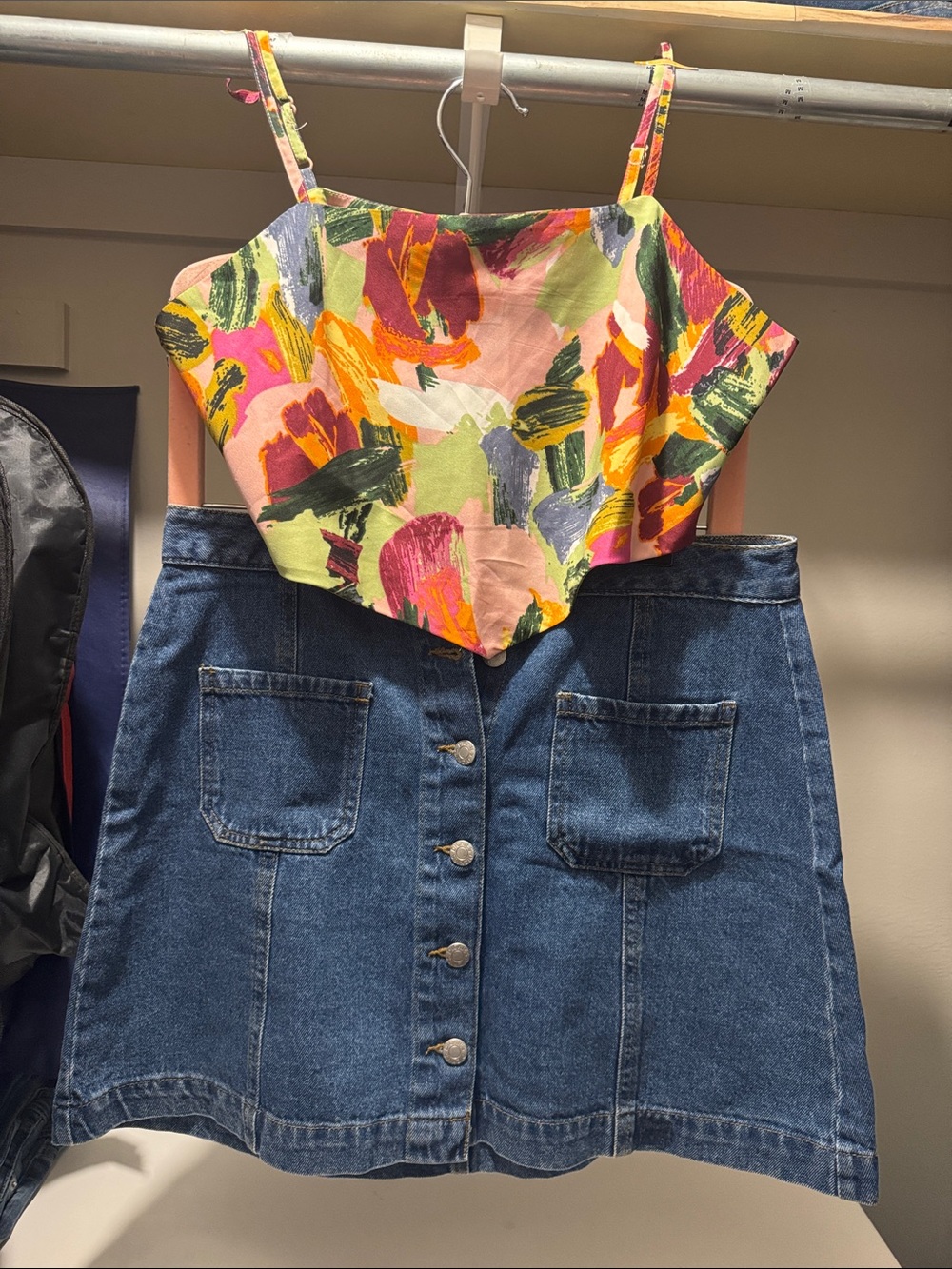 Two piece dress for women. Denim skirt with crop top, Text for exact measurement